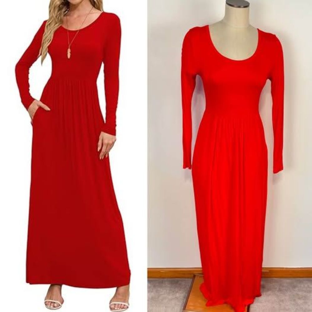 DEARCASE Women's Red Maxi Dress Size S Long Sleeve Pocket Casual Comfort Stretch